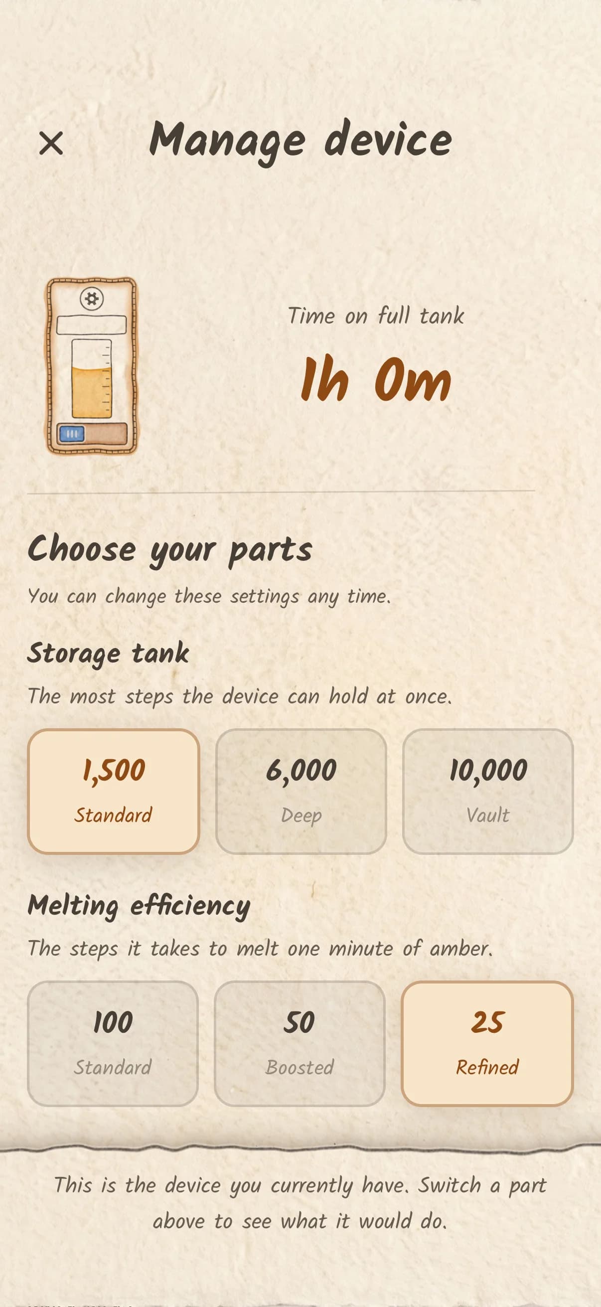The Manage Device screen showing amber melter settings: three storage tank sizes (1,500 Standard, 6,000 Deep, 10,000 Vault) and three melting efficiencies (100 Standard, 50 Boosted, 25 Refined), with the current configuration giving 1 hour on a full tank.