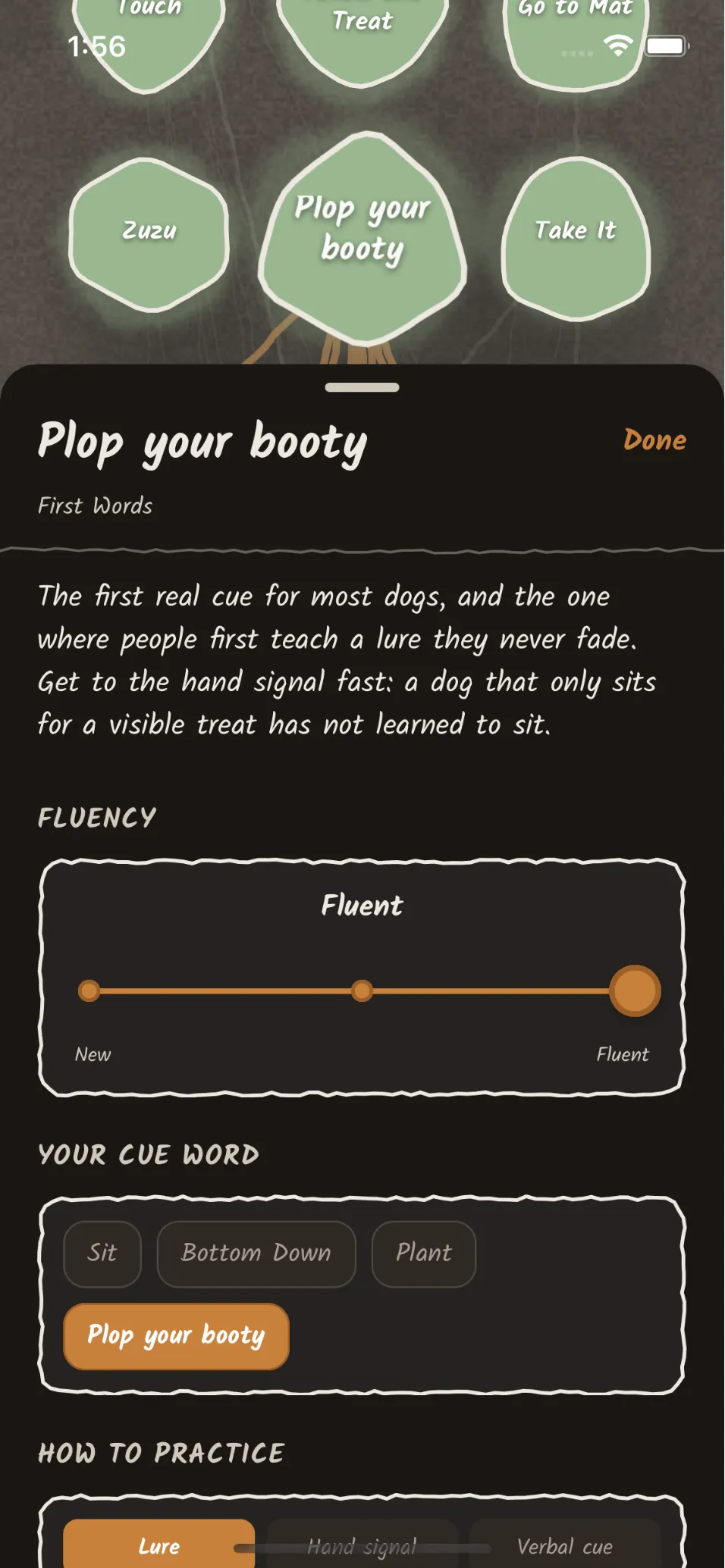 Your words, not ours. The custom cue word selector showing Sit, Bottom Down, Plant, and Plop your booty with a fluency slider.