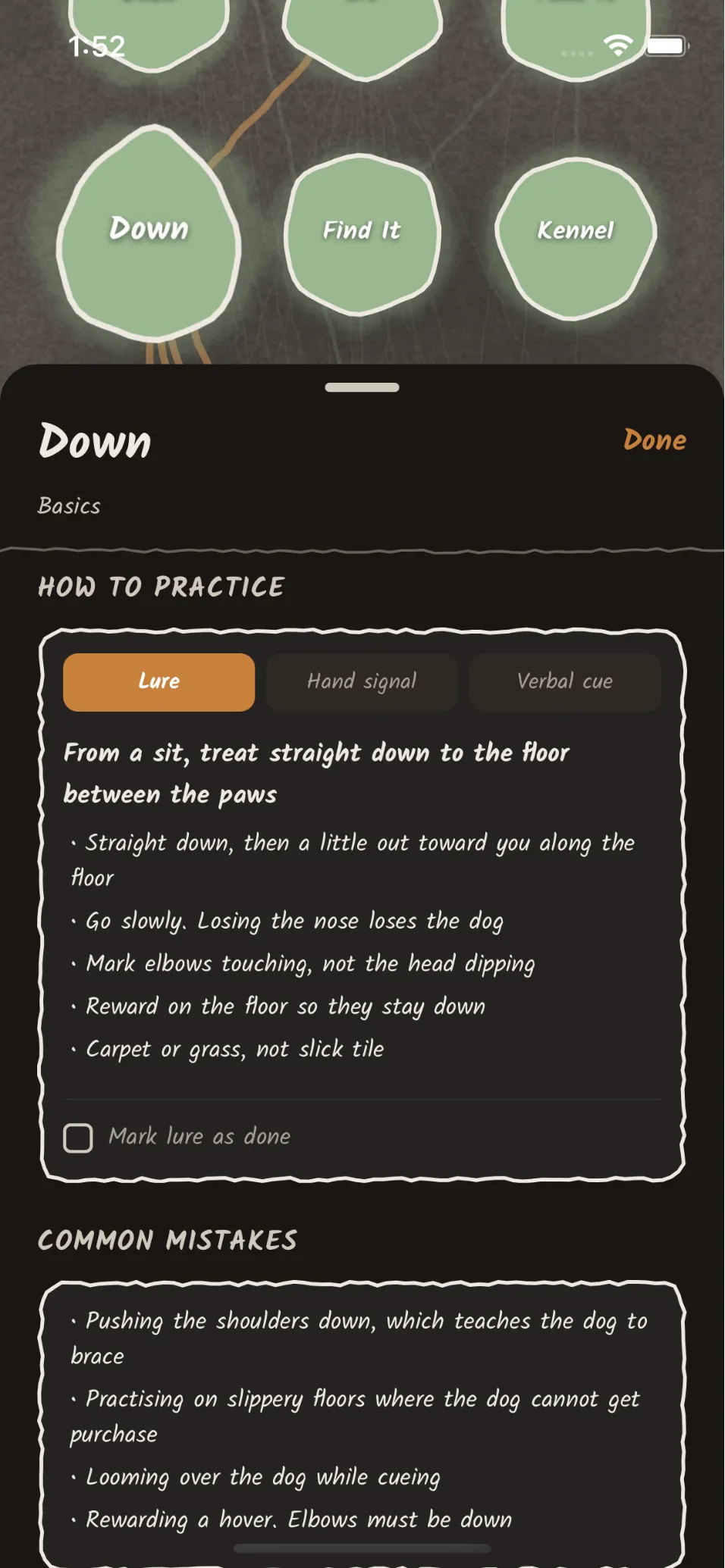 Real training for every cue. The Down word detail with practice instructions for Lure, Hand signal, and Verbal cue.