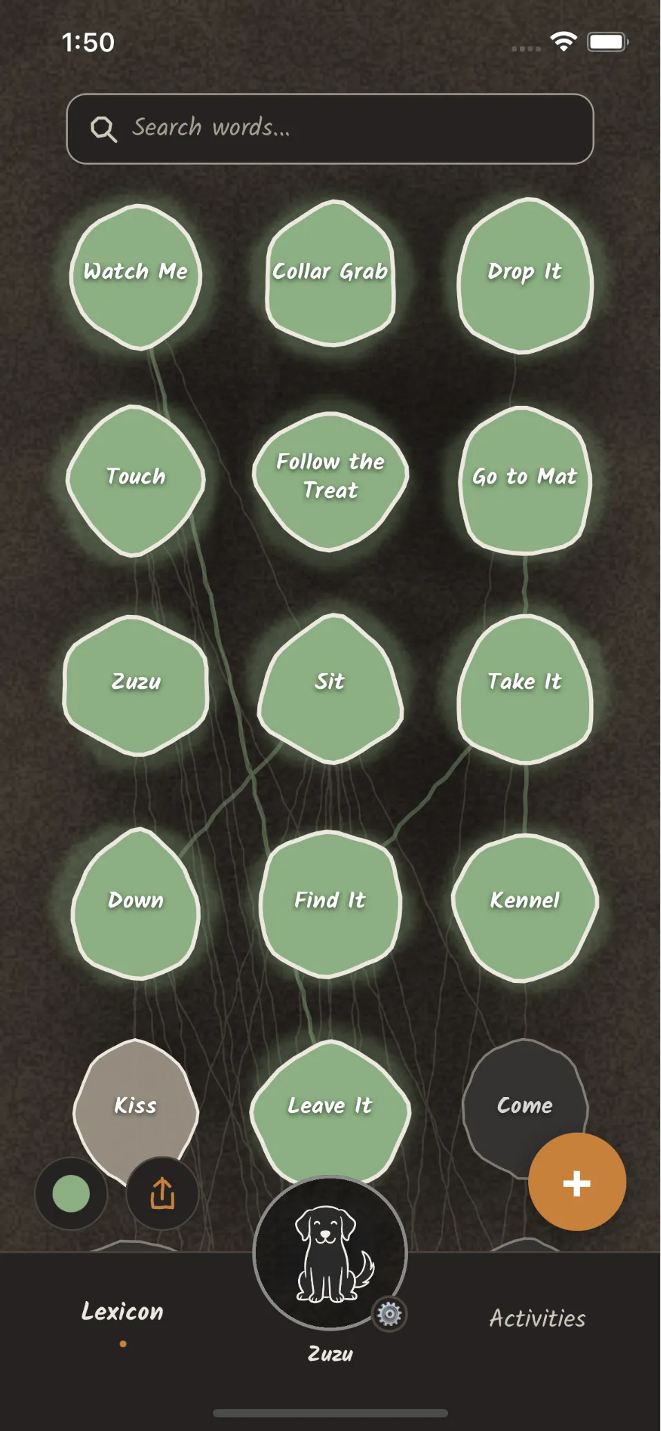 Kindred word tree: mastered dog training words shown as green nodes connected by branches, with unlearned words in grey.