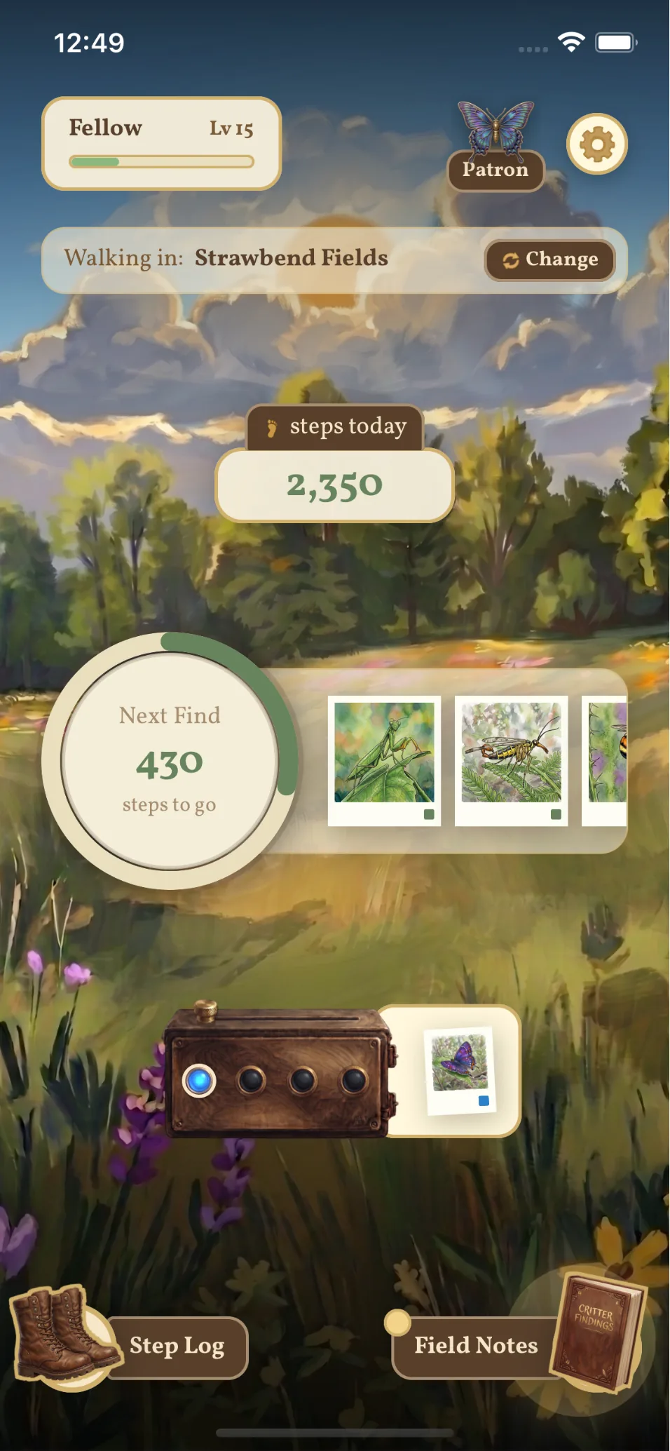 Little Wings home screen: a hand-painted summer meadow with a step counter, a dial counting down to the next critter find, and recently discovered bugs.